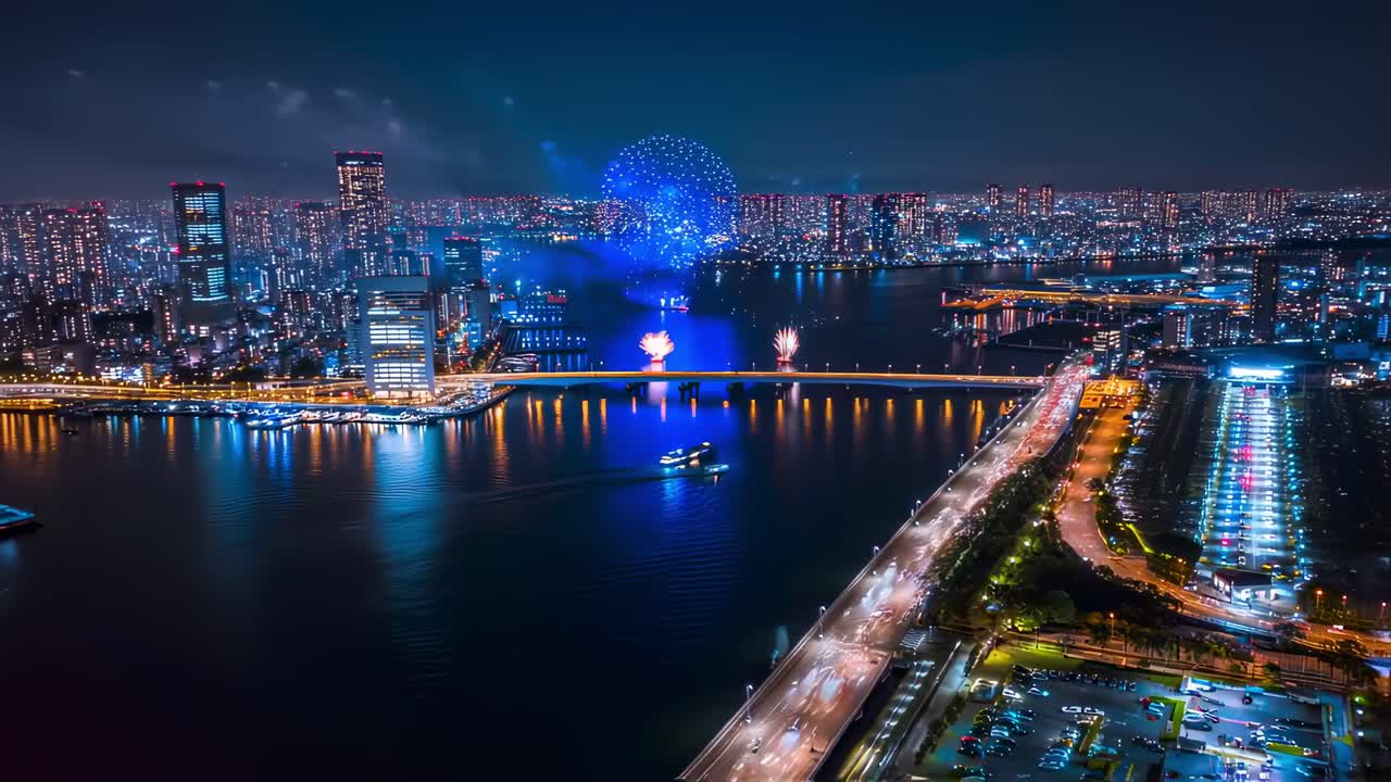 Vibrant fireworks illuminating metropolitan skyline, reflecting brilliant colors across river and bridging urban landscape with dazzling spectacle