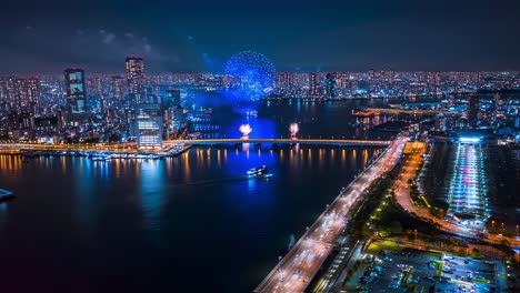 vibrant fireworks illuminating metropolitan skyline, reflecting brilliant colors across river and bridging urban landscape with dazzling spectacle