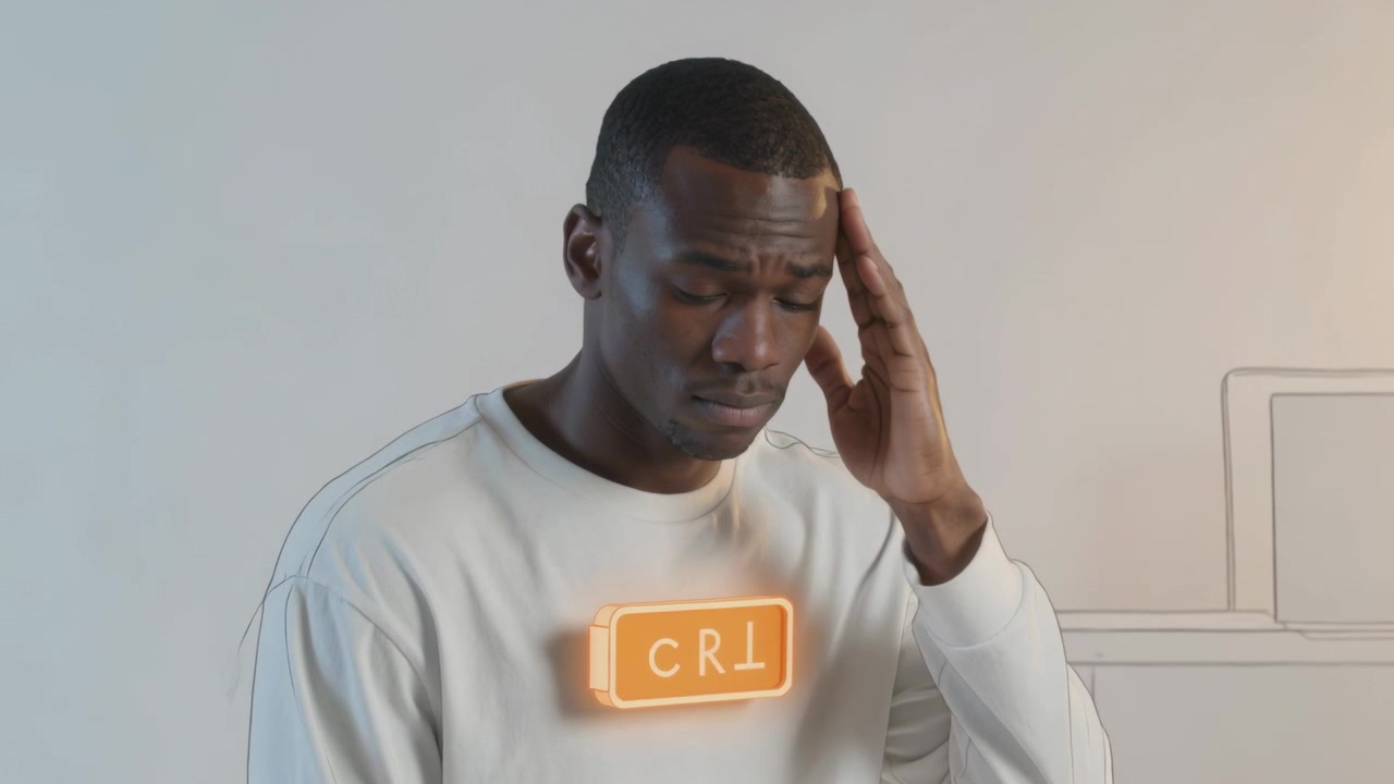 Homme debout en sweat-shirt, montrant de l'inconfort, la main à la tempe en studio, avec un badge CRL lumineux.