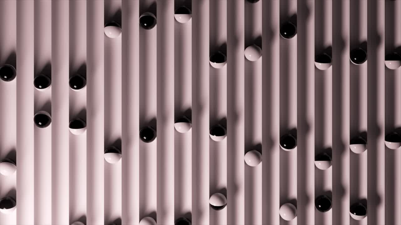 Bright colorful background with rolling balls along the paths. Plastic ball rolling in geometry deepening. 3d animation of a seamless loop