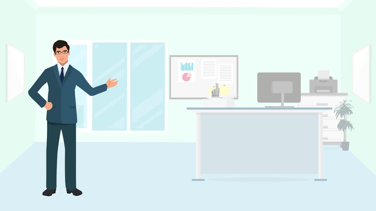 Business Man or Trainer or Team Leader or an Entrepreneur Infographic Animation Cartoon Showing an Empty Office Space