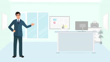 hombre de negocios o entrenador o líder de equipo o un emprendedor caricatura de animación infográfica que muestra un espacio de oficina vacío