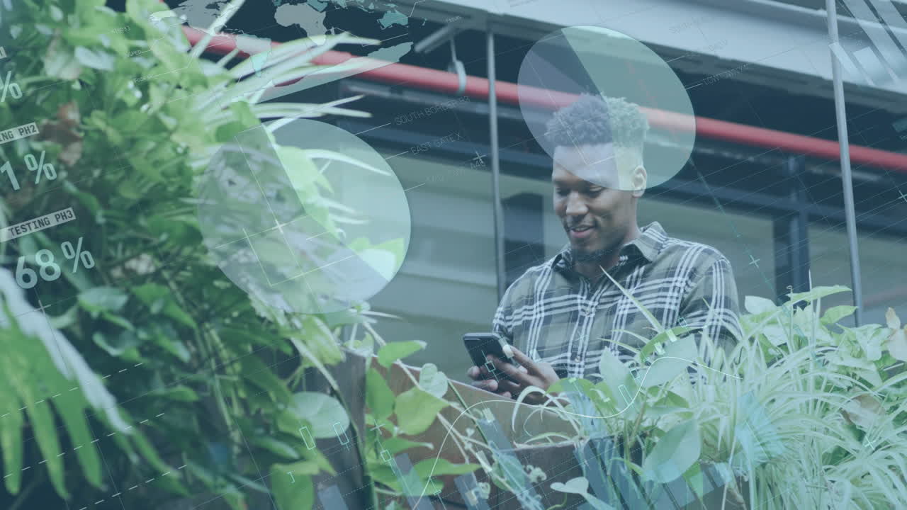 Animation of financial data processing over biracial businessman in office