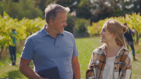 portrait of mature male owner of vineyard with digital tablet and female worker in field at harvest