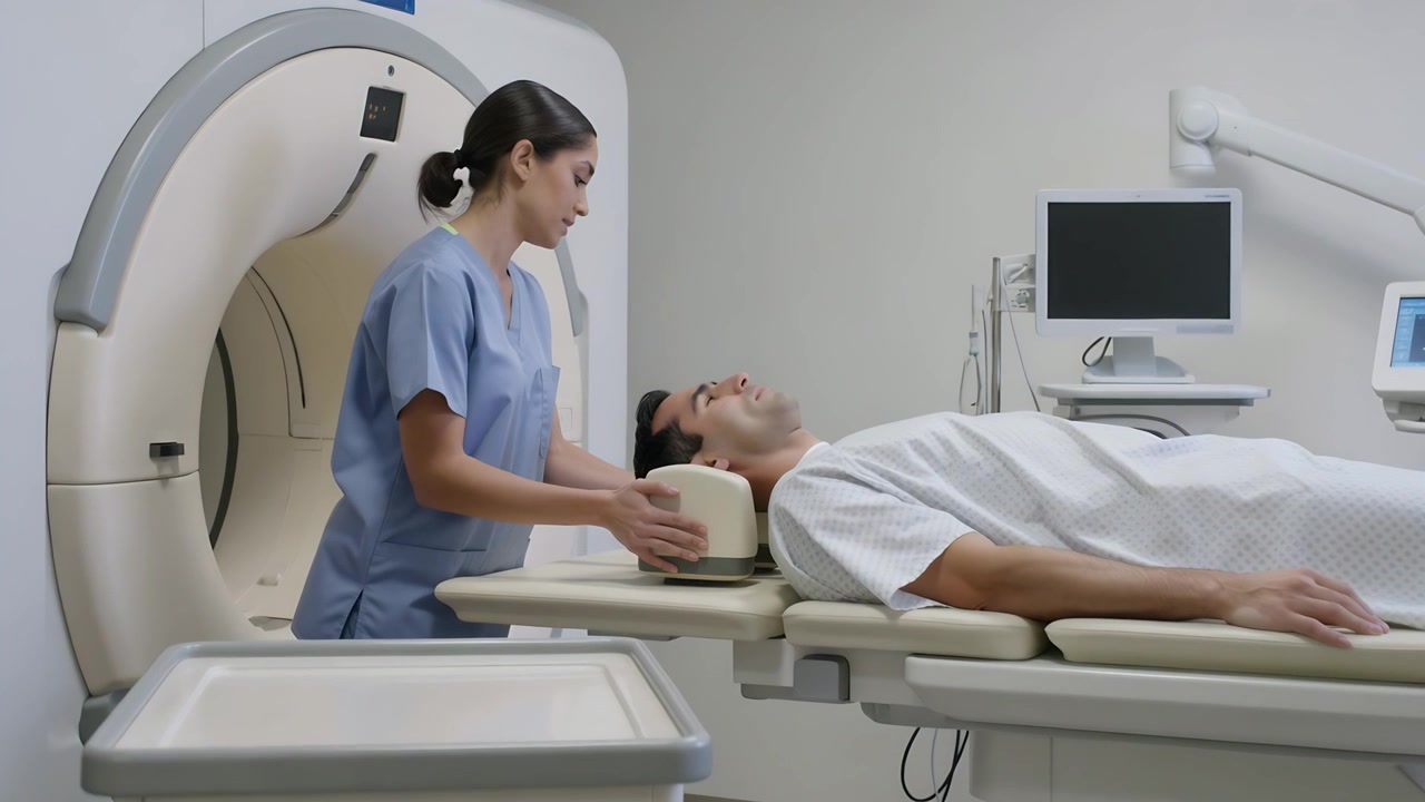 Tecnico in camice posiziona una bobina imbottita per la testa o il collo su un paziente in camice in radiologia per una scansione.