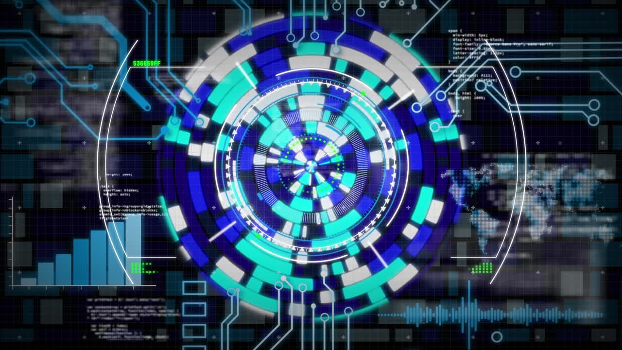 Animation of globe made of lights rotating over digital screen