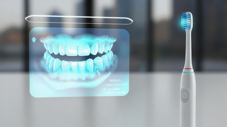 Rivoluzionario spazzolino smart con tecnologia avanzata di visualizzazione della salute orale, che presenta il monitoraggio dentale interattivo e la cura personalizzata in un ambiente moderno