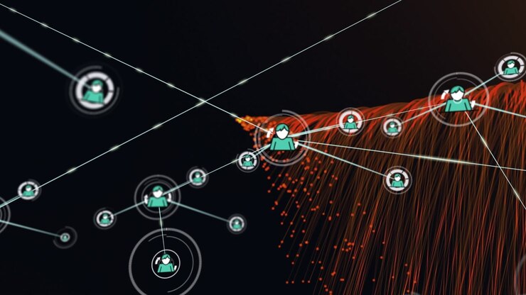 Animation of network of connections over orange energy on black background