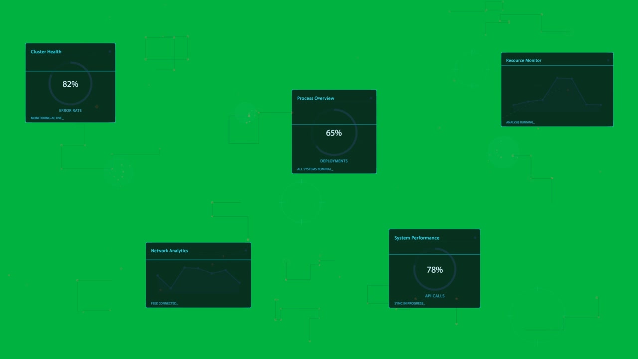 3 nodi ciano che si attivano, pannelli, percorsi e anelli in movimento di un HUD di rete, che mostrano statistiche sulla salute su sfondo trasparente