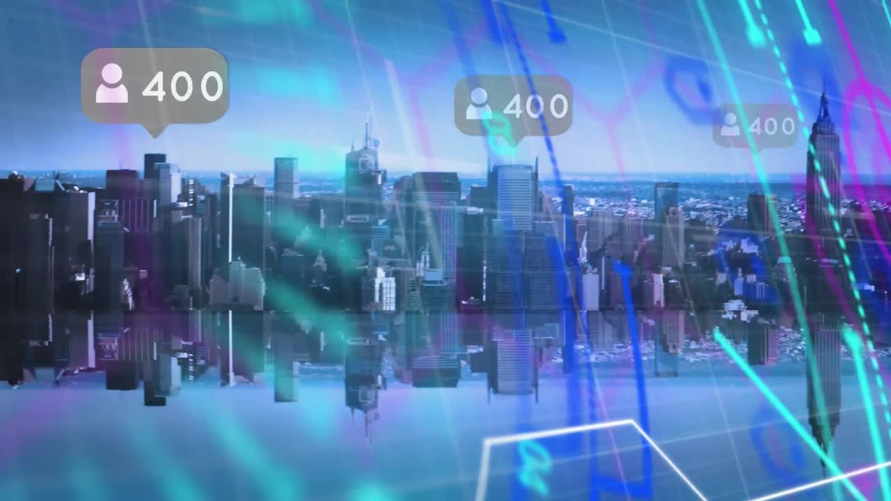 증가하는 수의 소셜 미디어 아이콘의 애니메이션과 도시 풍경에 대한 데이터 처리