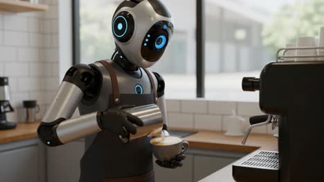 a futuristic robot barista skillfully prepares beverages with precision in a modern café environment, showcasing advanced technology and innovative design