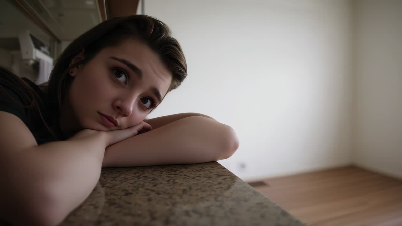 Lifting adult female scanning empty living area as camera starting while leaning on granite counter