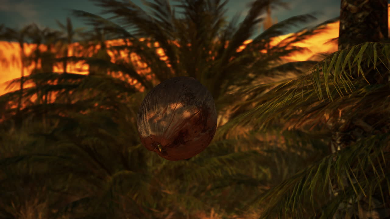 un coco colgando de una palmera en un paraíso tropical