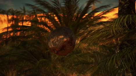 a coconut hanging from a palm tree in a tropical paradise