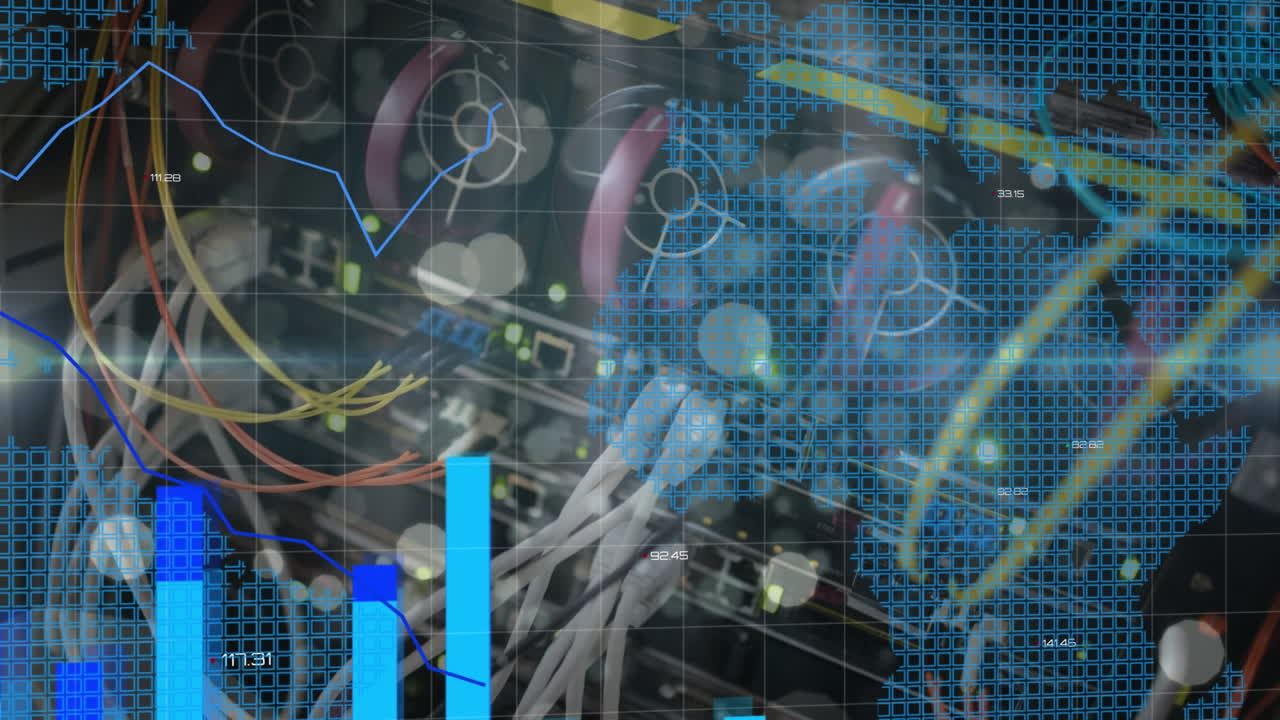 animación del procesamiento de datos estadísticos sobre el mapa del mundo contra el primer plano de un servidor de computadora.