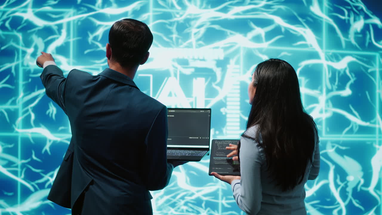 High tech workspace colleagues using AI system, doing brainstorming