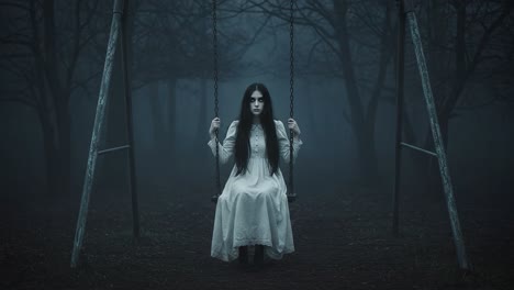 a haunting presence: a mysterious figure in a white dress sits alone on a swing in a foggy, shadowy forest surrounded by eerie trees and darkness