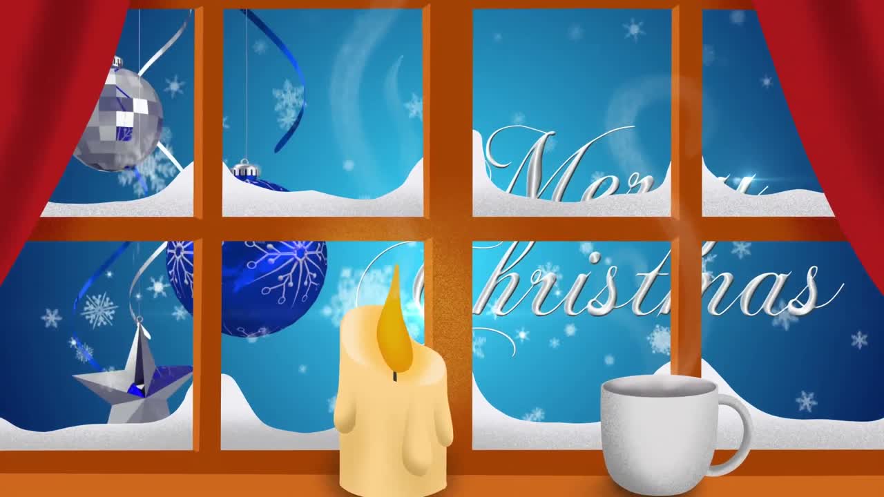 메리 크리스마스 텍스트와 장식 위에 창문 프레임에 불타는  ⁇ 불과 커피 컵