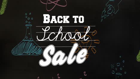 Animation-of-back-to-school-sale-text-banner-and-science-concept-icons-against-black-background