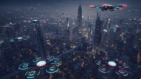 aerial view of an advanced cityscape featuring multiple drones in flight over skyscrapers and illuminated urban settings at night