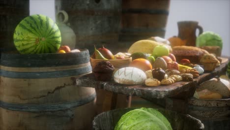 food table with wine barrels and some fruits, vegetables and bread