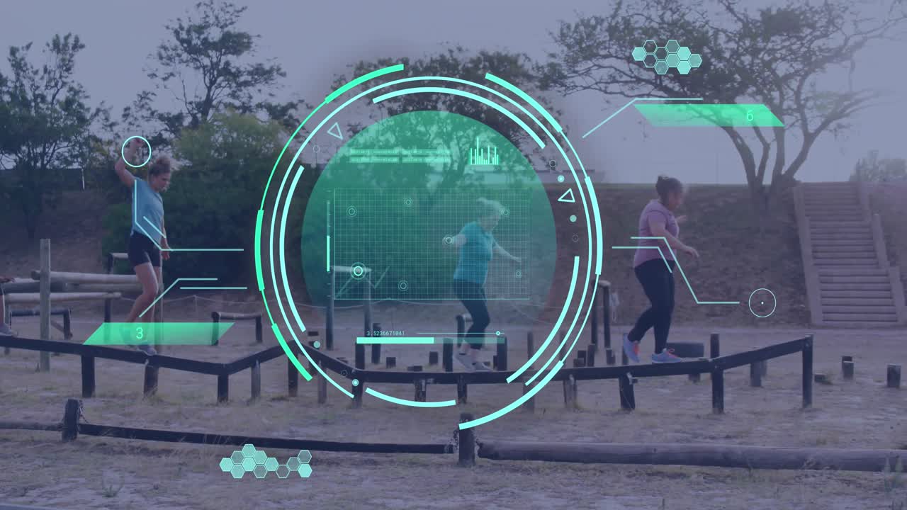 animación del procesamiento de datos sobre mujeres diversas en la carrera de obstáculos.