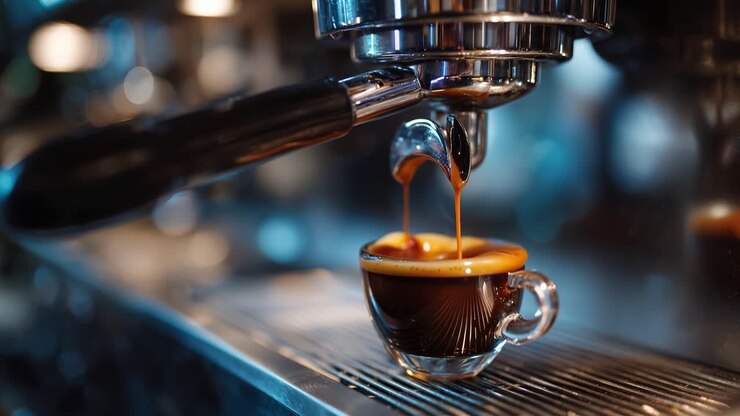 Ricco espresso cola in una tazzina di vetro. L'attrezzatura fumante del barista luccica in una luce calda e soffusa. Il caffè gocciola lentamente, dorato e intenso. Atmosfera da caffè moderna e vivace. Perfetto per branding, social media