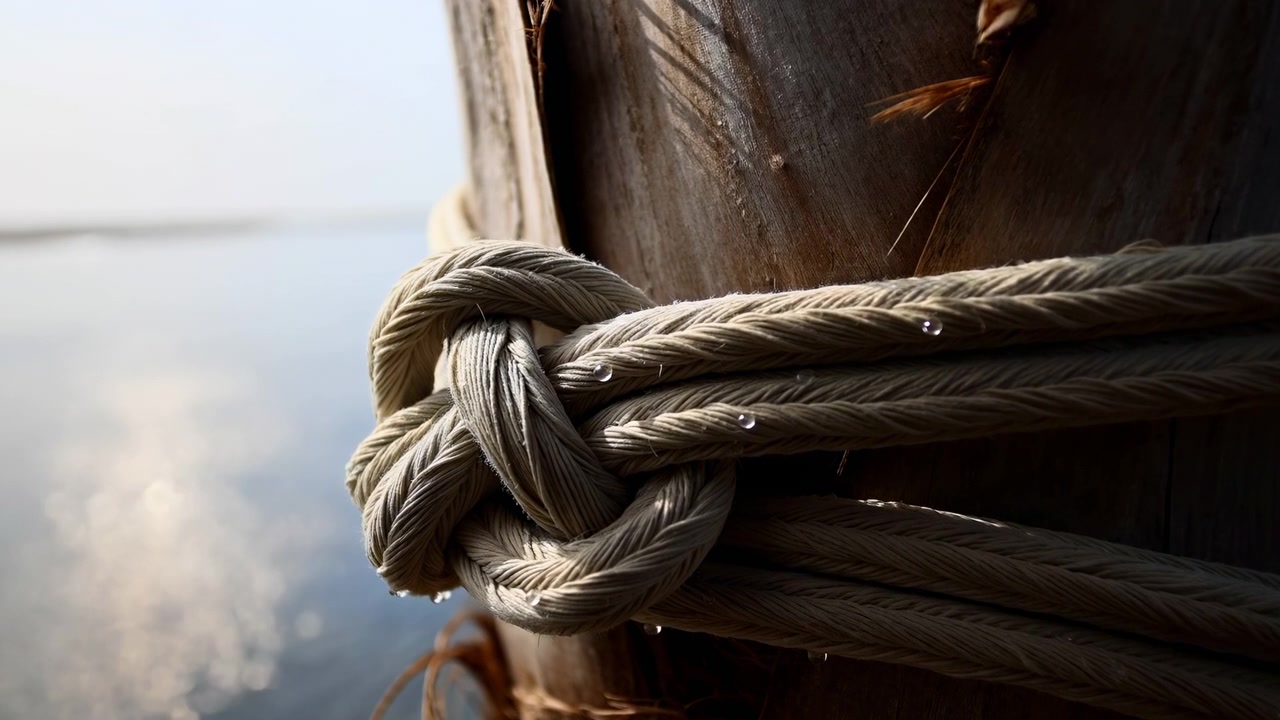 Close-up of a heavy rope knot wrapped tightly around a weathered wooden mast, with bright sunlight and a softly blurred water background suggesting a coastal
