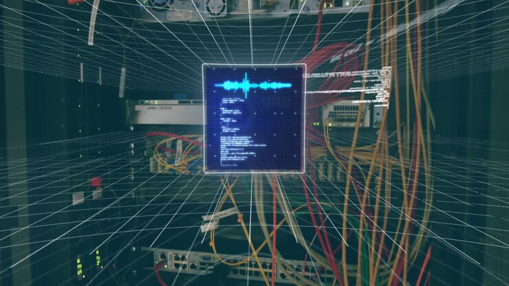 Animazione di elaborazione dati su schermo, con cavi di computer.