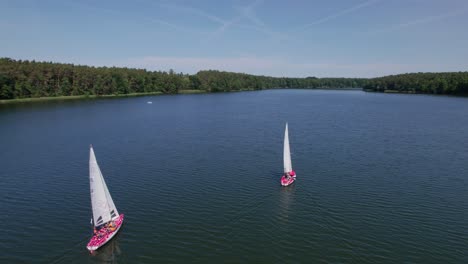 Velero-Navegando-En-Un-Lago-En-El-Bosque,-Disparo-De-Paralaje-De-Drones