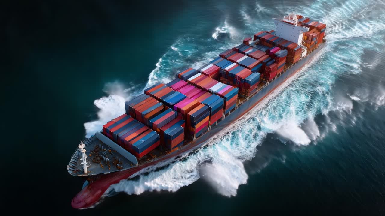 Aerial View of a Large Container Ship Plowing Through the Ocean Waves, Illuminated by Soft Light and Surrounded by Vibrant Blue Water, Showcasing a Colorful Cargo Collection