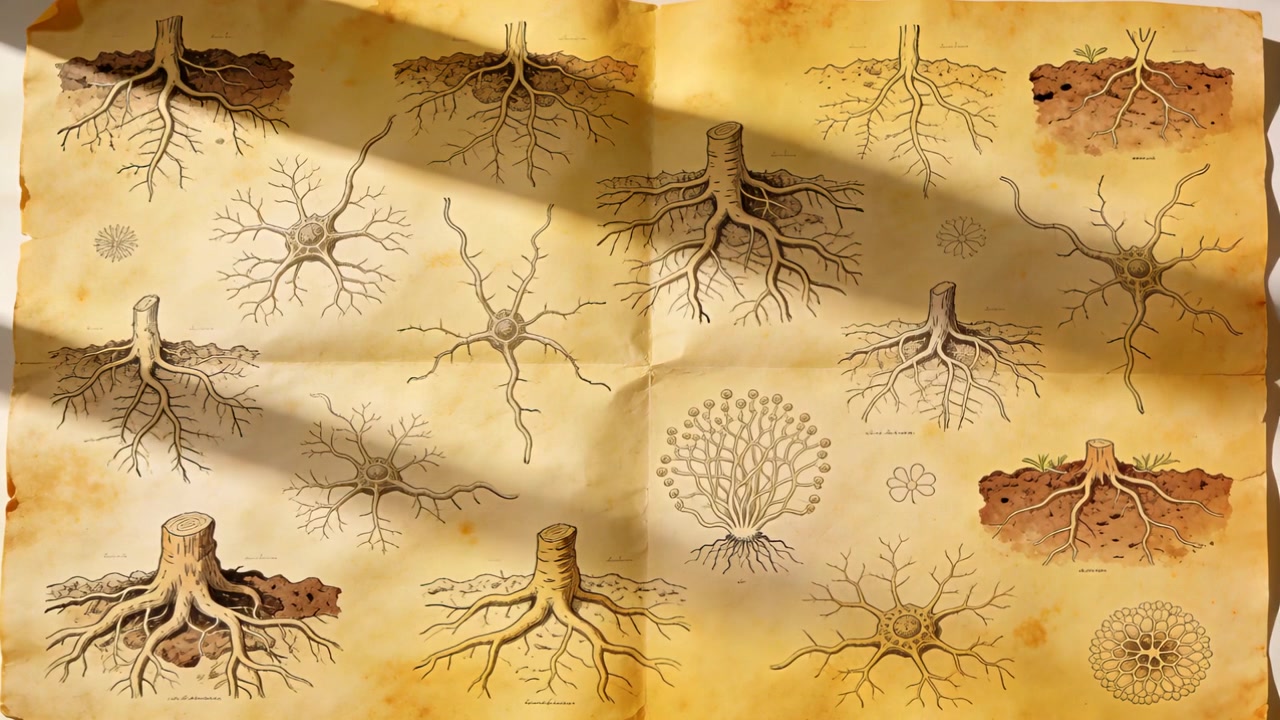 Off-frame light casting slanted shadow sweeping across parchment on table, revealing root diagrams