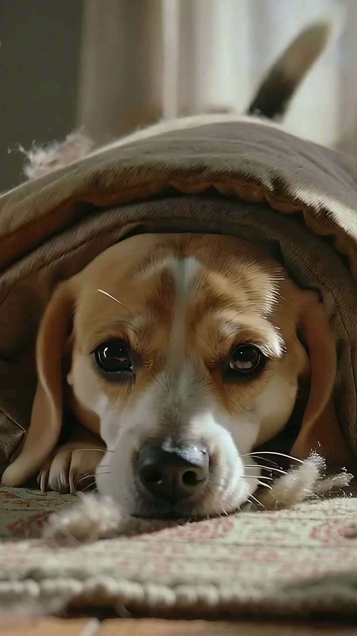 Vídeo vertical: Cobertor se movendo e beagle saindo debaixo da colcha, soltando pelos em direção à câmera em casa
