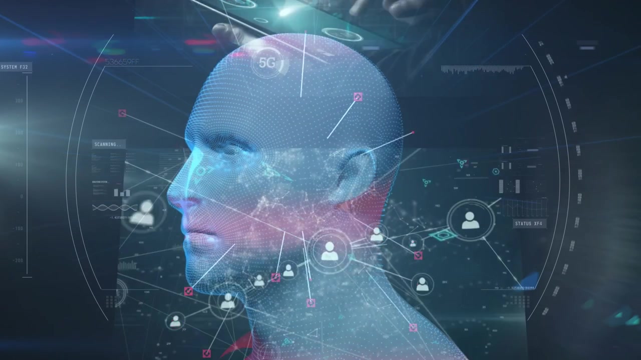 Animation of data processing and scope scanning over digital human head