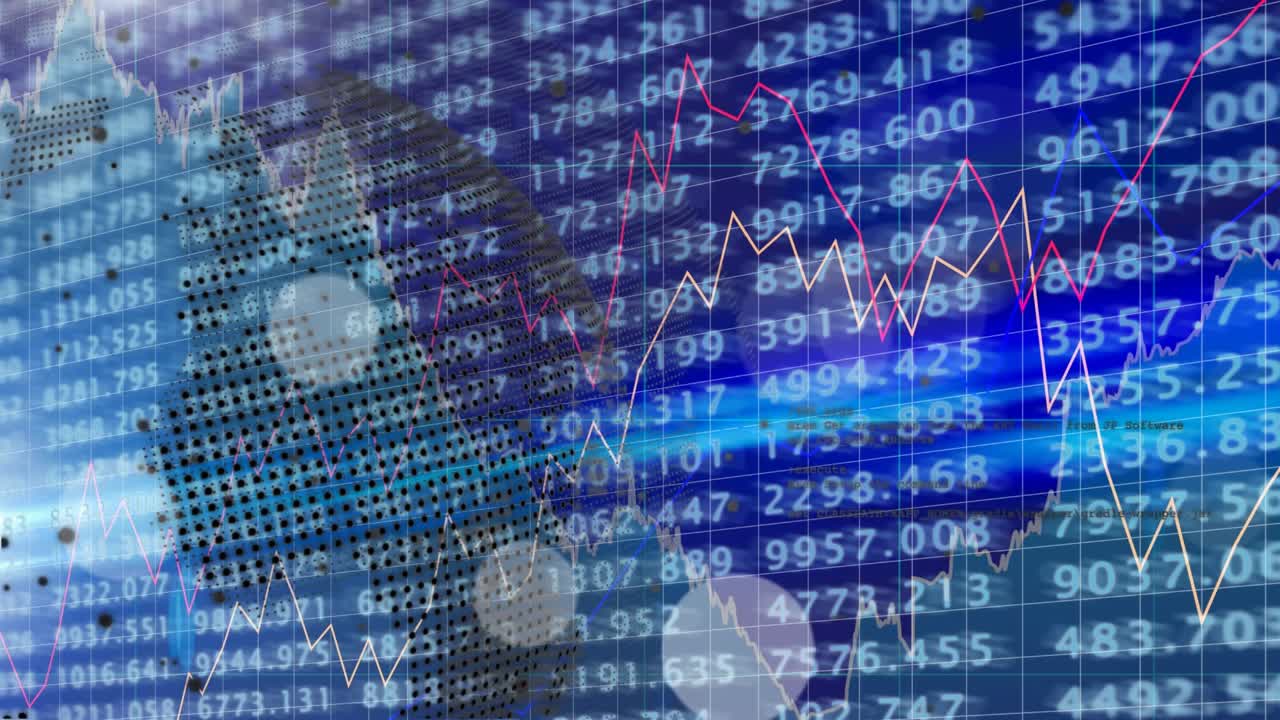 Animation of financial data processing over globe and stock