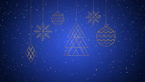 animación de decoraciones navideñas sobre la nieve que cae sobre un fondo azul