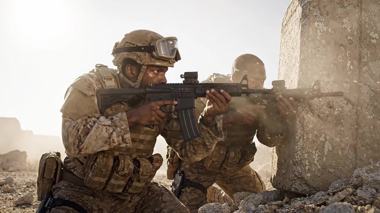 Due soldati in tenuta da combattimento si preparano all'azione, mettendosi al riparo dietro un ostacolo mentre si apprestano a un potenziale ingaggio in una tesa operazione militare.