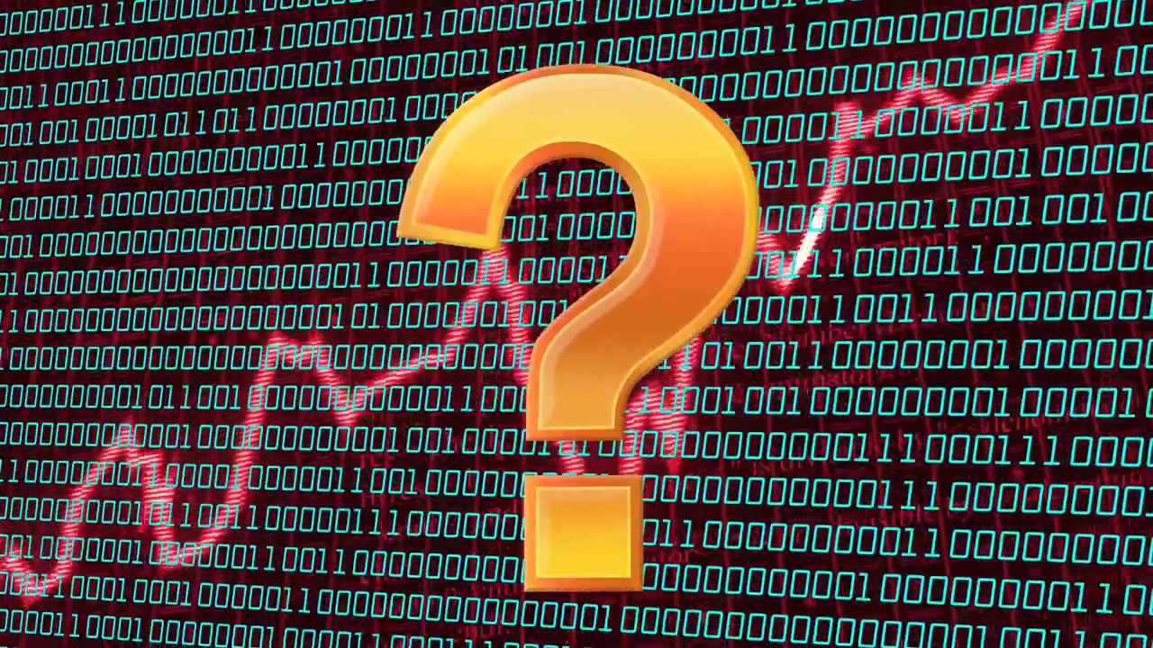 3D golden question mark zooming center over data grid with pulsing red wave, flagging uncertainty