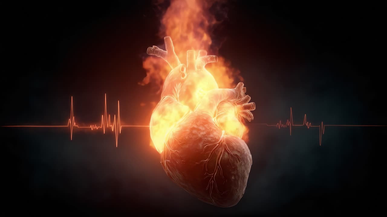 En gribende illustration af det menneskelige hjerte i flammer, der symboliserer passion og følelser med et pulserende hjerteslag visualiseret gennem en EKG-kurve