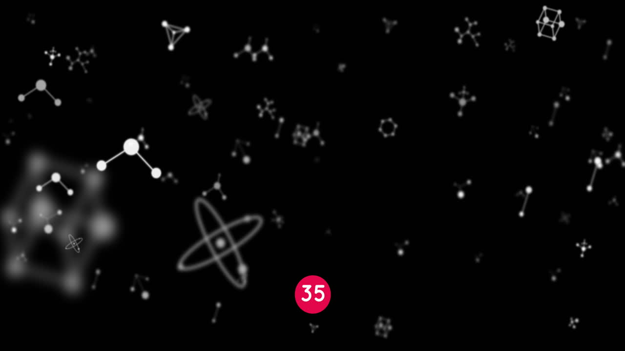 Increasing numbers on round red banner over molecular structures floating against black background