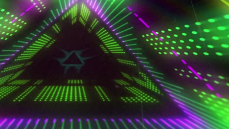 animation of triangular green and pink 3d light display flashing and moving on black background