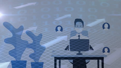 animación del procesamiento de codificación binaria sobre el pictograma de un hombre con máscara facial utilizando una computadora