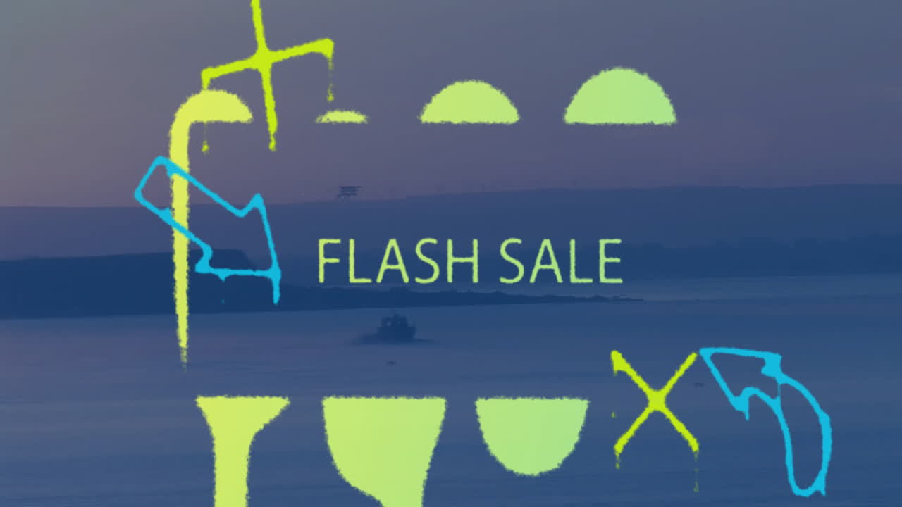 FLASH SALE banner floating above calm twilight sea, showcasing neon semi?circles and curved arrows