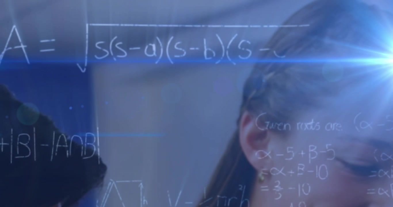 Animation of light trails and mathematical equations over caucasian schoolgirl