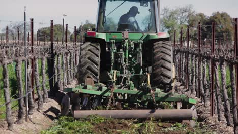 un tractor corta un cultivo de cobertura entre hileras de uvas en un viñedo de california 1