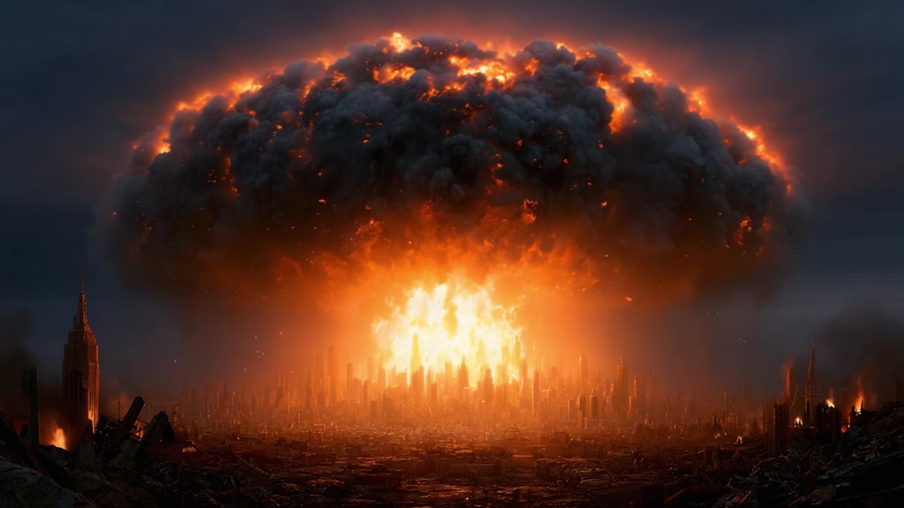 Devastation Unleashed: A Powerful Mushroom Cloud Erupts from the City, Signaling a Catastrophic Event That Transforms the Landscape into a Fiery Wasteland of Destruction