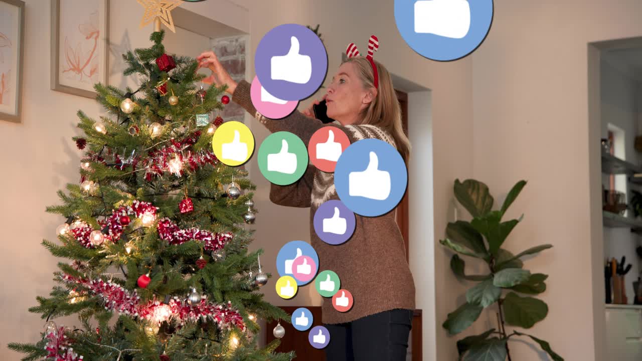 Woman decorating Xmas tree, calling to share, causing social media likes floating up over her