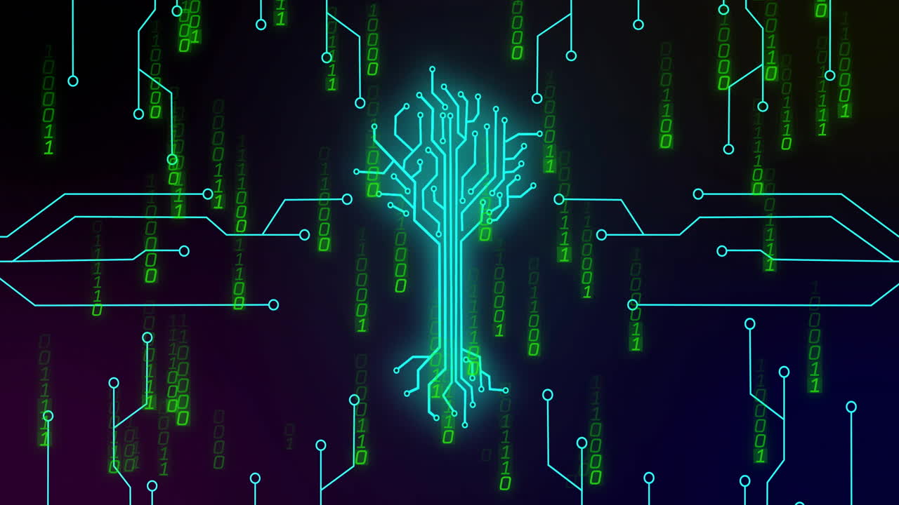 Neon-blue circuit tree glowing and branching upward in abstract scene, with cascading binary digits