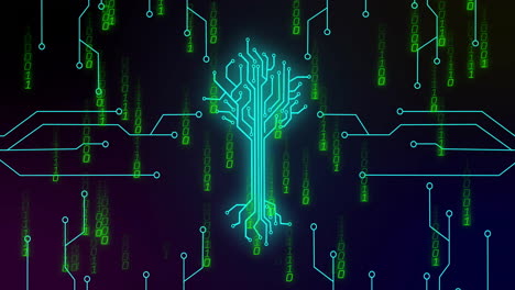 Neon-blue circuit tree glowing and branching upward in abstract scene, with cascading binary digits