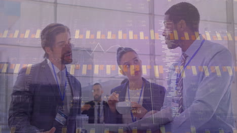 animation of financial data processing over diverse business people having meeting at office